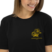 Charger l'image dans la galerie, T-shirt noir en coton biologique brodé femmes (roses jauens)
