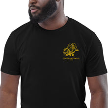 Load image into Gallery viewer, Men's Short Sleeve Black Embroidered Organic Cotton T-Shirt (yellow roses)
